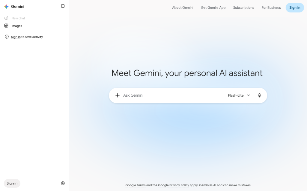 Google Gemini homepage