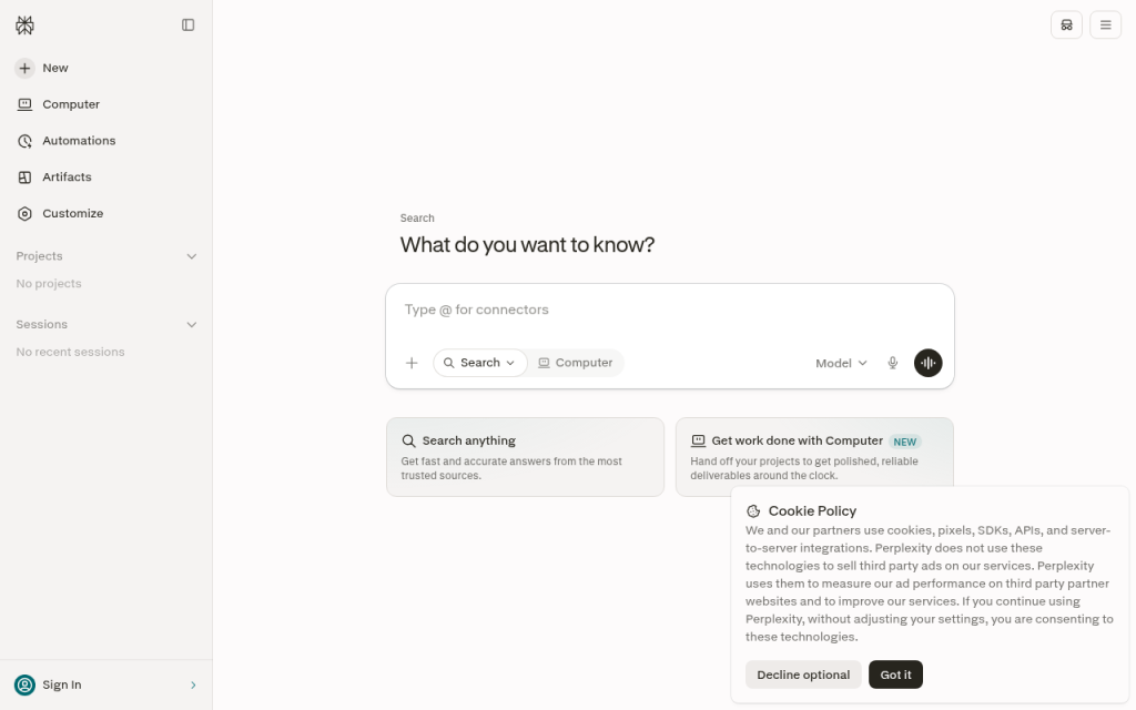 Perplexity homepage
